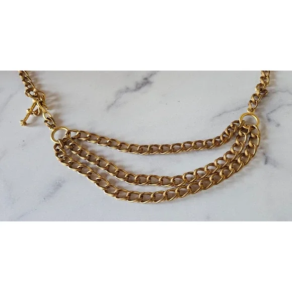 Vintage 80s Womens Chain Link Waist Belt Gold Tone Layered Adjustable Boho Swag - Picture 2 of 11